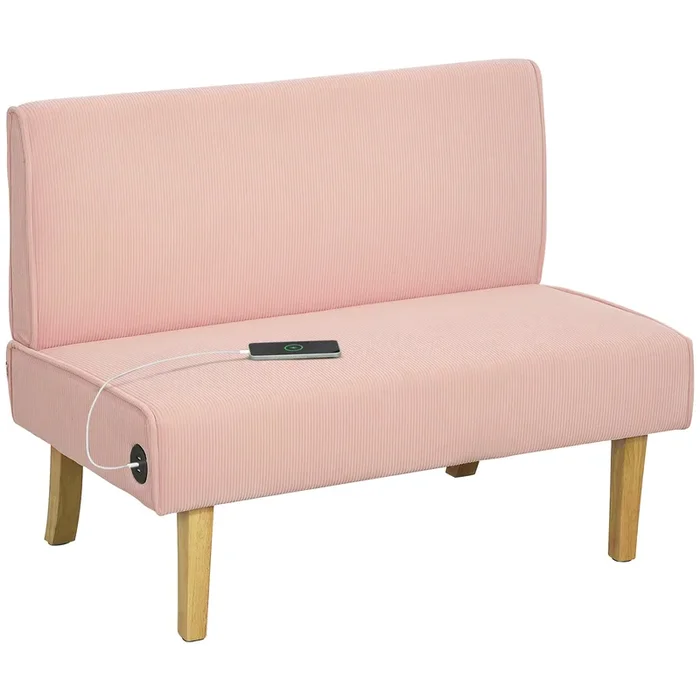 HOMCOM Sofá de 2 Plazas con 2 Puertos USB 1 Puerto Tipo-C Tapizado en Pana Sofá de Salón sin Brazos con Asiento de 20 cm y Patas de Madera Carga 220 kg 110x60x85 cm Rosa