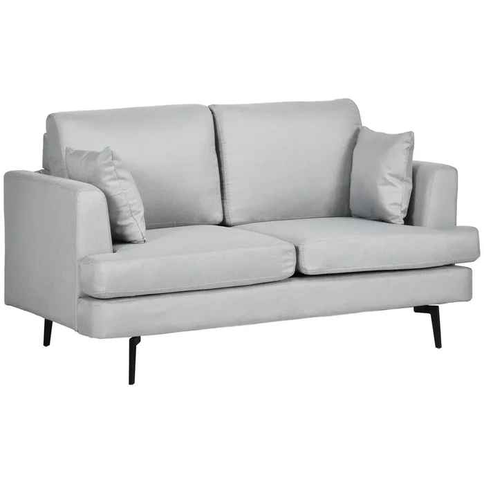 HOMCOM Sofá de 2 Plazas Sofá de Salón Moderno Tapizado en Lino Sintético con 2 Cojines Acolchados Reposabrazos y Patas de Acero 160x87x87cm Gris Claro