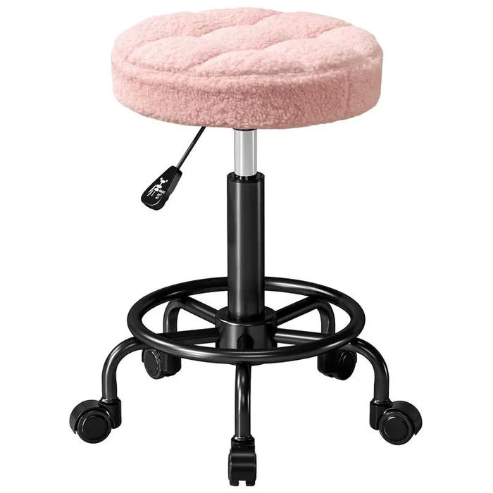 HOMCOM Taburete Giratorio Redondo Taburete con Ruedas Altura Regulable 50-66 cm Asiento Tapizado en Tejido de Borreguito para Salones Talleres Spa Masaje Rosa