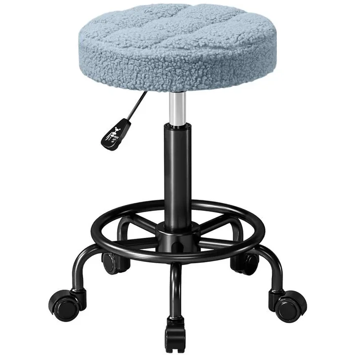 HOMCOM Taburete Giratorio Redondo Taburete con Ruedas Altura Regulable 50-66 cm Asiento Tapizado en Tejido de Borreguito para Salones Talleres Spa Masaje Azul