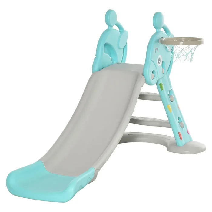 HOMCOM Tobogán para Niños +18 Meses Plegable 2 en 1 con Canasta de Baloncesto Modelo Jirafa Juguete Infantil para Interiores y Exteriores 147x82x85,5 cm Azul y Gris