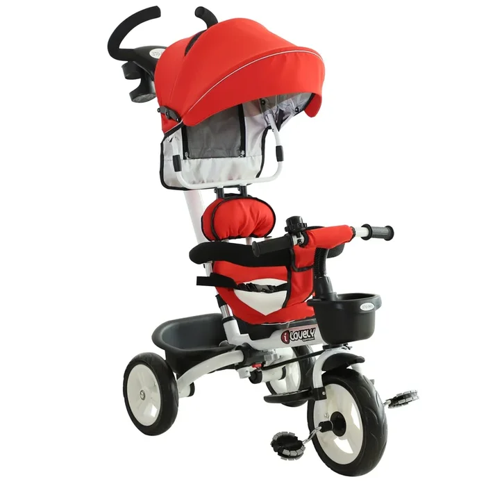 HOMCOM Triciclo para Bebés Plegable Triciclo Evolutivo 2 en 1 para Niños +18 Meses con Toldo Plegable Mango de Empuje Telescópico Reposapiés Cinturón de Seguridad y Cestas Rojo