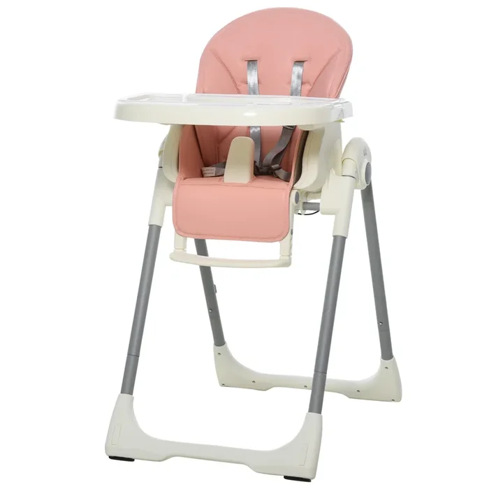 HOMCOM Trona para Bebé Evolutiva Ajustable y Plegable con Doble Bandeja Trona Portátil de +6 Meses Reclinable con 2 Ruedas y Frenos 55x80x104 cm Rosa