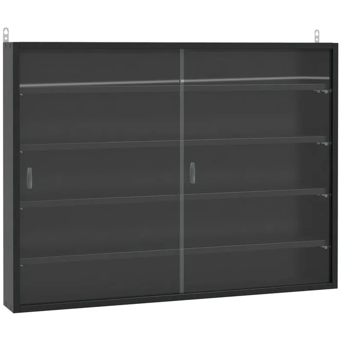 HOMCOM Vitrina Expositora Vitrina de Pared con Estantes Ajustables y 2 Puertas Correderas de Vidrio para Colecciones Perfumes Figuras de Decoración 80×9,5×60 cm Negro