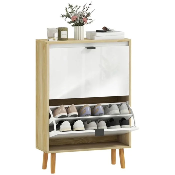 HOMCOM Zapatero Estrecho con 2 Puertas en Blanco Brillo, Zapatero Entrada Recibidor con Estantes Ajustables Patas de Madera, para 12 Pares de Zapatos, 60x24x91 cm Blanco