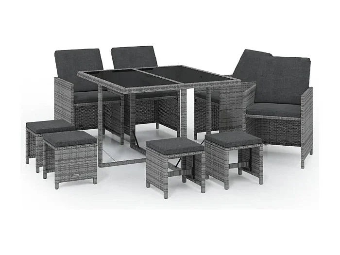 Hugo Set comedor jardín 9 pzas y cojines ratán sintético gris