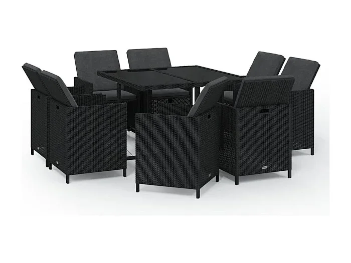 Hugo Set de comedor de jardín 9 pzas y cojines ratán sintético negro