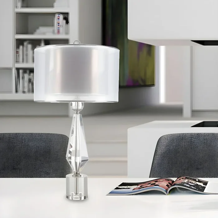 Iluminación de la Tarea con Pantalla de Tela Gris en Forma de Tambor Luz de Tarea Modernista con Base de Cristal para Dormitorio