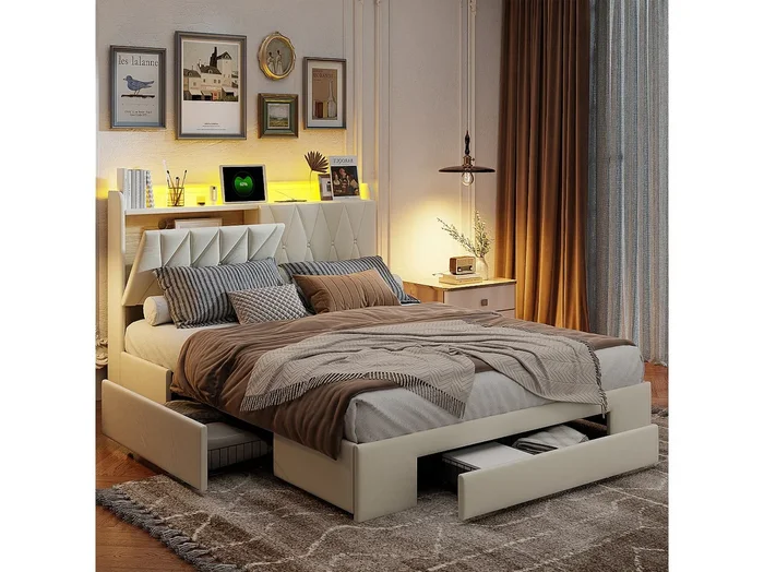 iluminado doble 160×200 iluminado capitoné, carga USB, LED regulable, terciopelo, beige