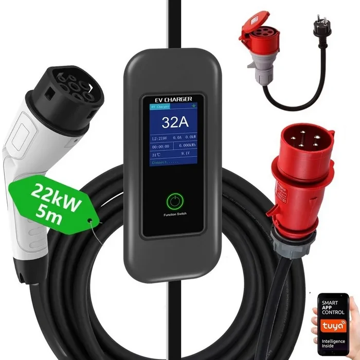 Immax – Estación de carga portátil para vehículos eléctricos EV AC Tipo 2 32A/380V 22kW + enchufe 230V 5m Wi-Fi Tuya