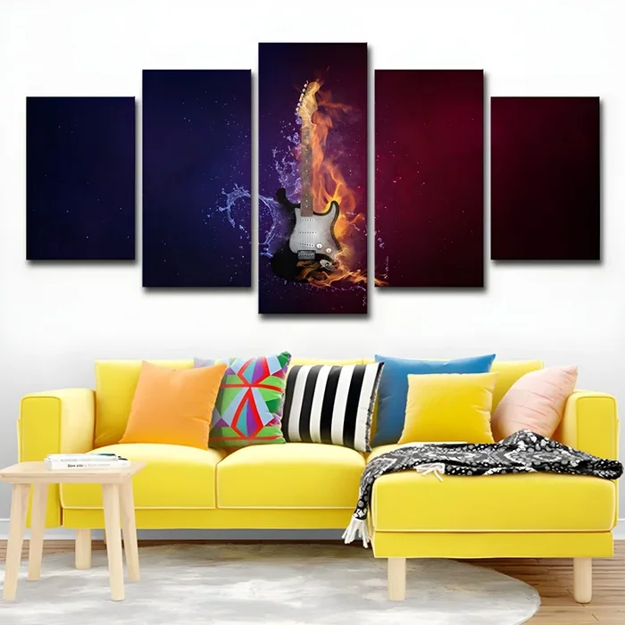 Impresión de lienzo de guitarra de agua y fuego, decoración de arte de pared contemporáneo de varias piezas en negro – Negro Pequeño