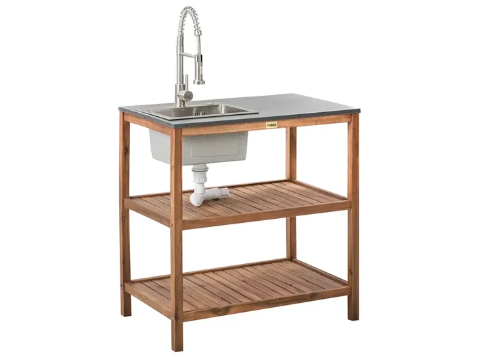 Isla de cocina exterior con fregadero BRUCOLI Madera de acacia Marrón/Plateado
