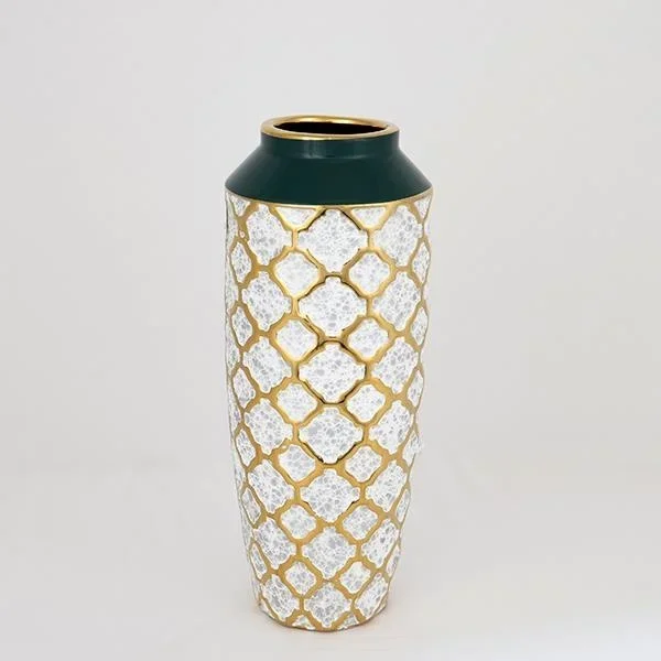 Jarrón de ceramica 31×12,5 cm blanco/dorado/verde