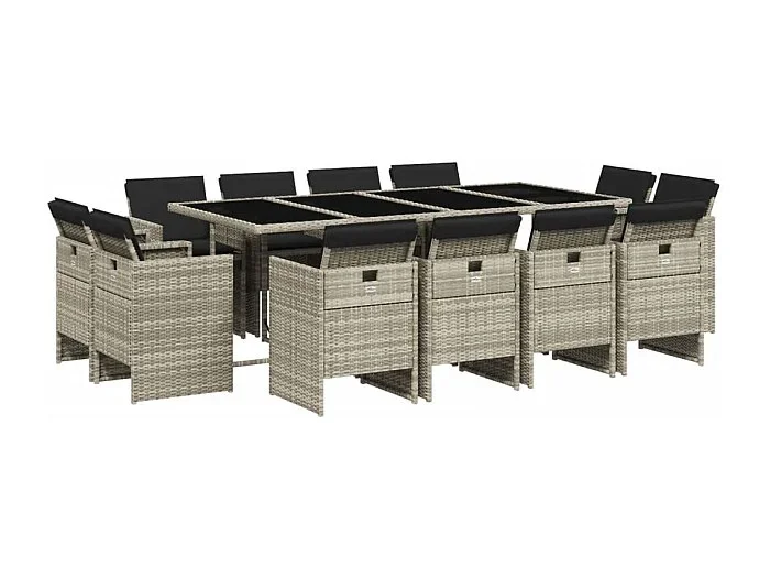 Jeroen Set comedor jardín y cojines 13 pzas ratán sintético gris claro