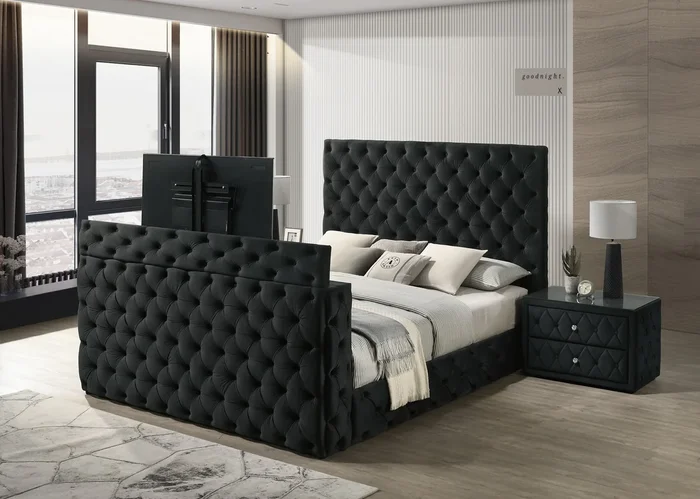 Josephine Black Queen Upholstered Panel Bed with TV Lift