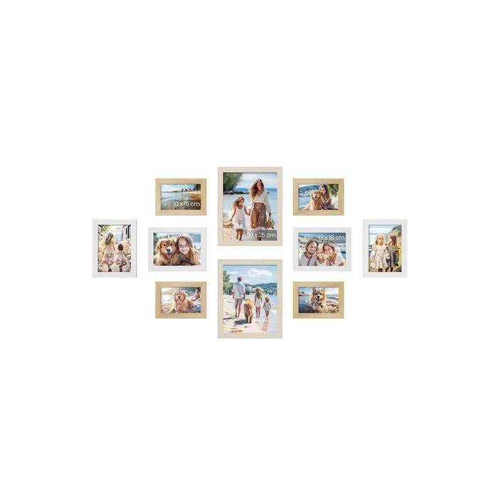 Juego de 10 Marcos de fotos Roble Natural Blanco Nube Beige Natural-SONGMICS