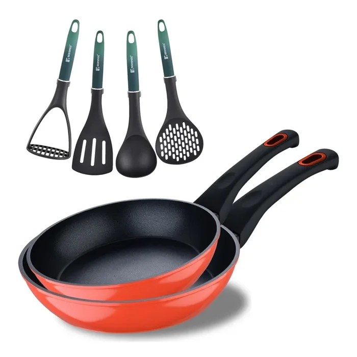 Juego de 2 Sartenes Ø20Ø26cm CLASSIQUE en aluminio forjado antiadherentes + Utensilios de cocina verdes Bergner