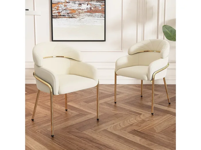 Juego de 2 sillas de comedor – terciopelo beige – silla con respaldo y patas de metal – para dormitorio y salón