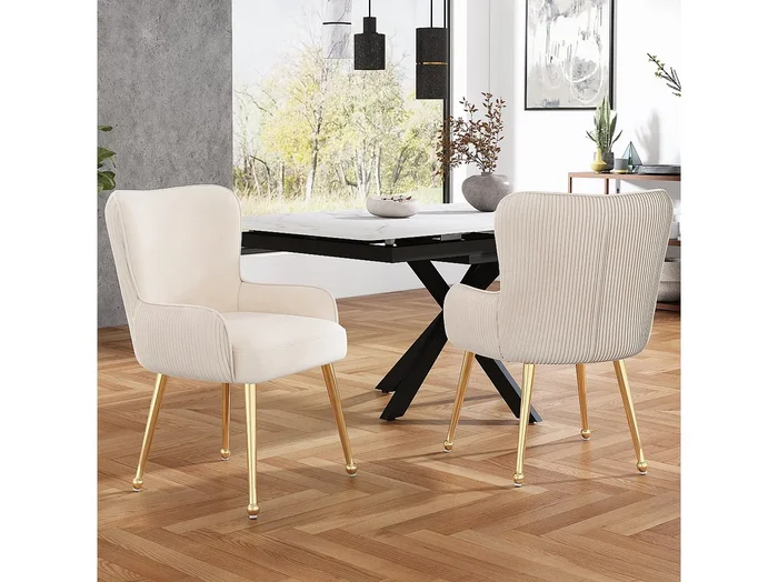 Juego de 2 sillas de comedor de terciopelo beige con reposabrazos, patas de metal dorado, soporte lumbar y patas ajustables (69 x 58,5 x 56 cm)
