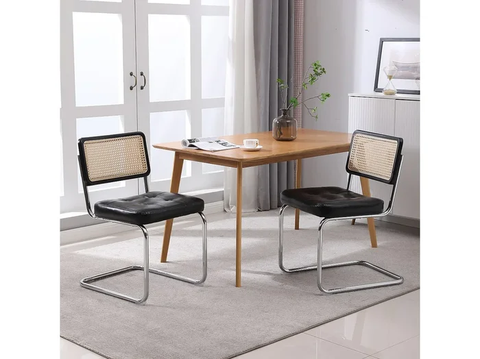 Juego de 2 sillas de comedor polipiel acolchadas respaldo de malla metal cromado negro 50x61x85 cm