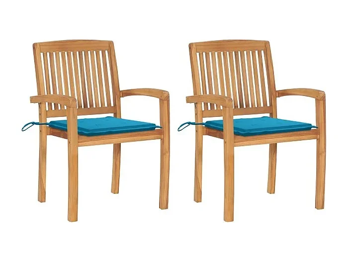 Juego de 2 sillas de jardín y cojines azules Madera maciza de teca