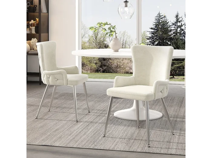 Juego de 2 sillas de terciopelo de lujo – 85 x 47 x 49 cm – con cuatro patas de metal plateado – beige