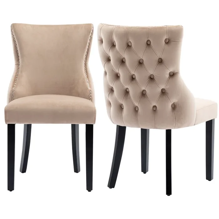 Juego de 2 sillas góndola de terciopelo – patas de madera maciza – Beige