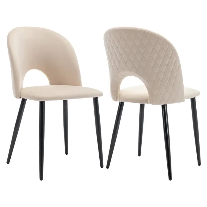 Juego de 2 sillas tapizadas en terciopelo – revestidas con motivos de rombos – pies ajustables – Beige