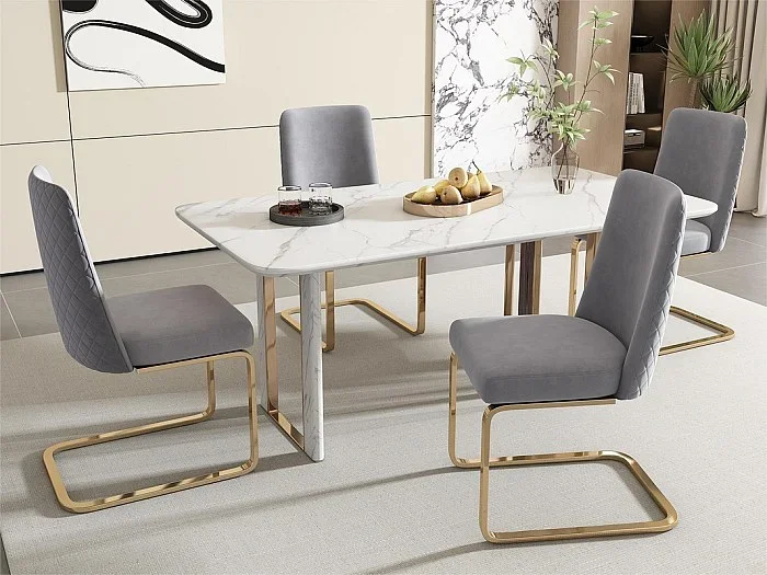 Juego de 4 sillas cantilever de terciopelo – respaldo con diseño de rombos – base de metal dorado – Gris