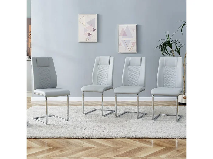 Juego de 4 sillas de comedor – Silla de comedor con respaldo y deslizadores antideslizantes – Patas de metal plateado brillante – PU gris claro