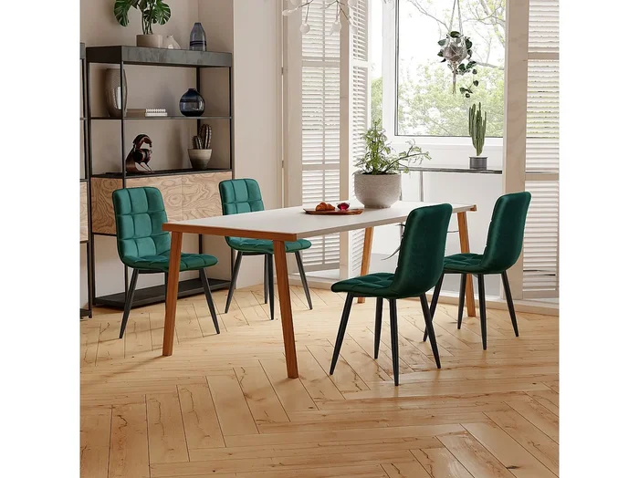 Juego de 4 sillas de comedor, color verde, asiento de terciopelo, respaldo cómodo, estructura de metal.