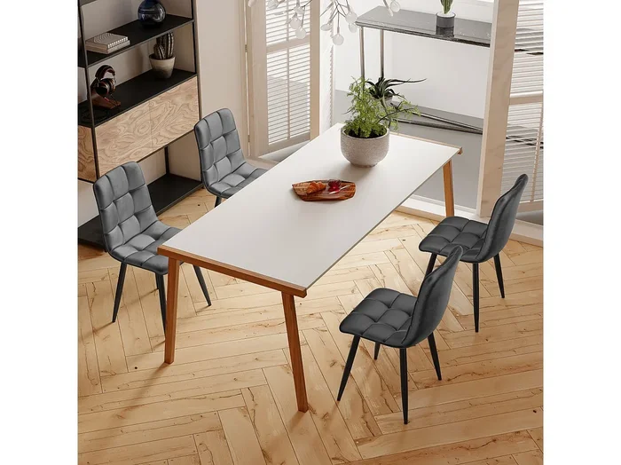 Juego de 4 sillas de comedor tapizadas en terciopelo con estructura de metal, color gris