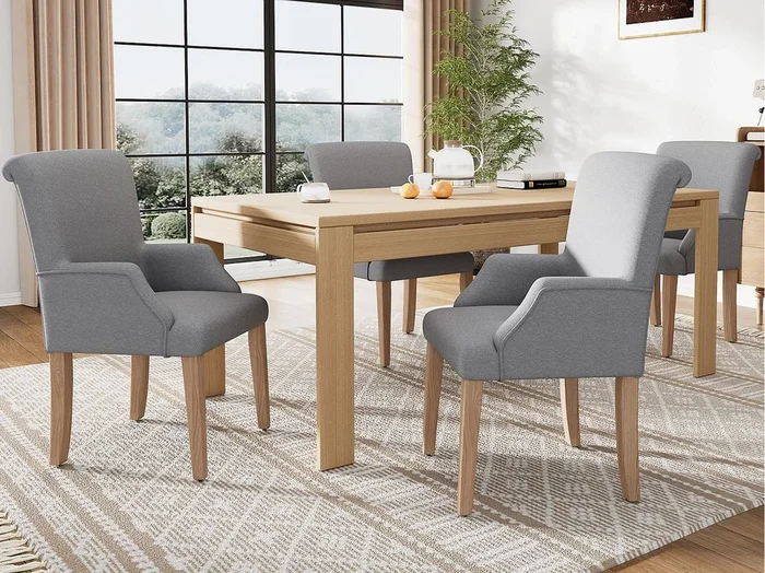 Juego de 4 sillas de lino – con patas de madera maciza ajustables – con reposabrazos – Gris