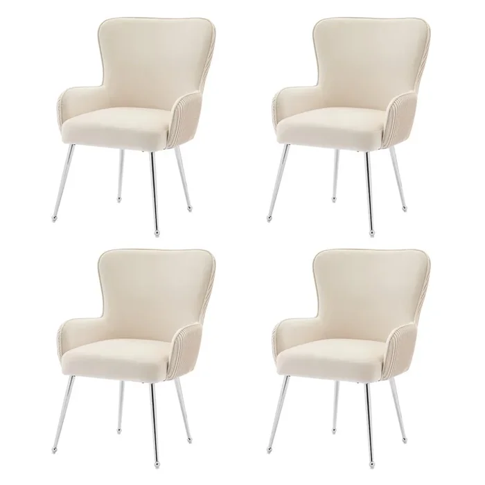 Juego de 4 sillas de terciopelo – con reposabrazos y patas de metal plateado – Beige