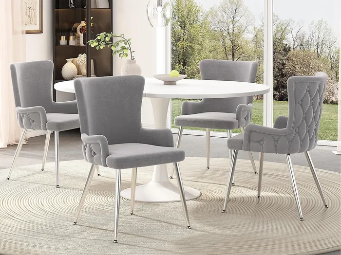 Juego de 4 sillas de terciopelo – patas de metal plateado – Gris