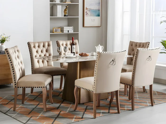 Juego de 6 sillas acolchadas de terciopelo – estructura de madera maciza – beige