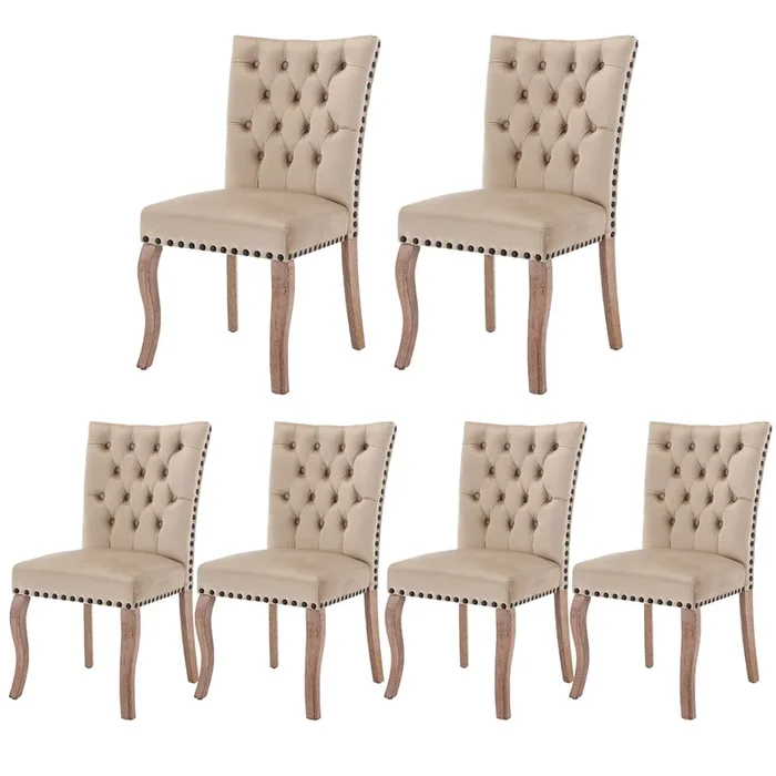 Juego de 6 sillas acolchadas de terciopelo – estructura de madera maciza – beige