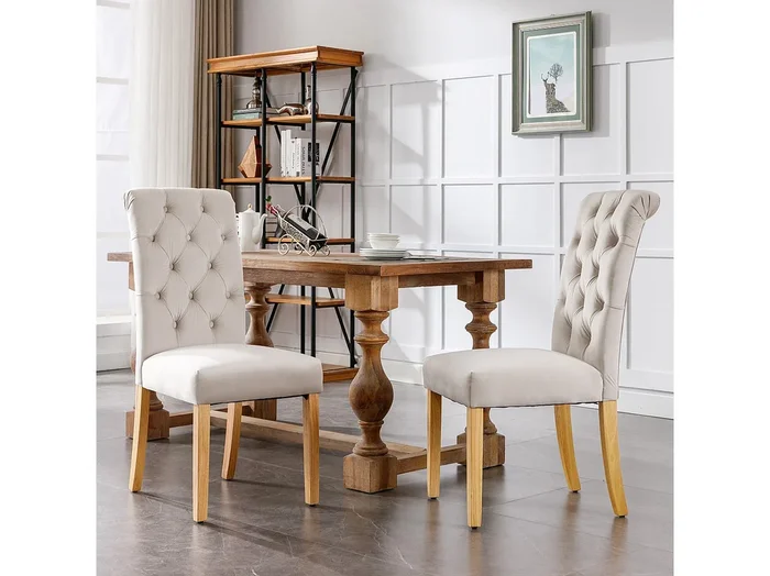 Juego de 6 sillas de comedor de terciopelo beige con patas de roble, estilo clásico con botones capitoné.
