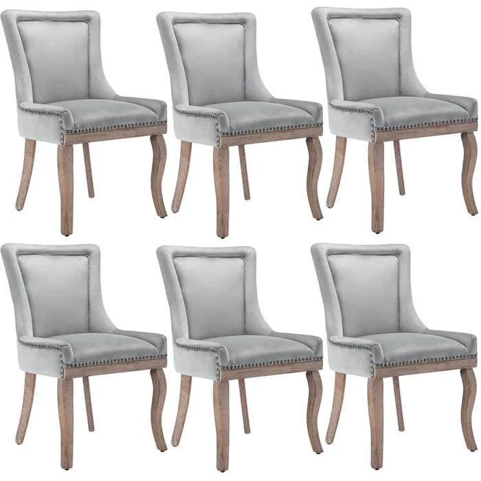 Juego de 6 sillas de terciopelo – con patas de madera maciza – gris