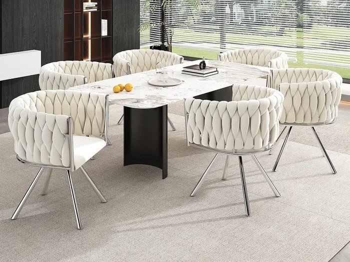 Juego de 6 sillas giratorias de terciopelo con reposabrazos – patas de metal plateado – Beige