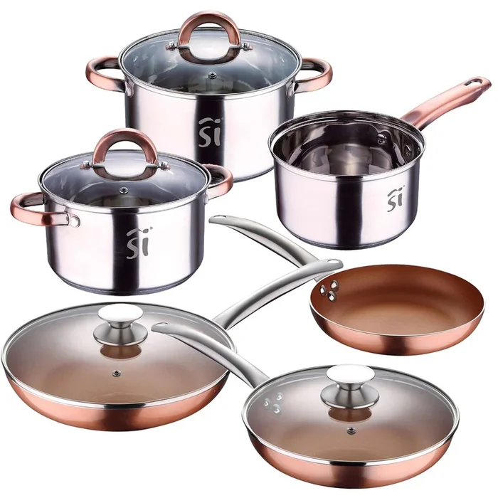 Juego de batería de cocina «Onil» 5pc en acero inoxidable + set de 5 sartenes en aluminio prensado