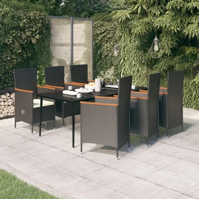 Juego de comedor de jardín 7 piezas con cojines negro VidaXL