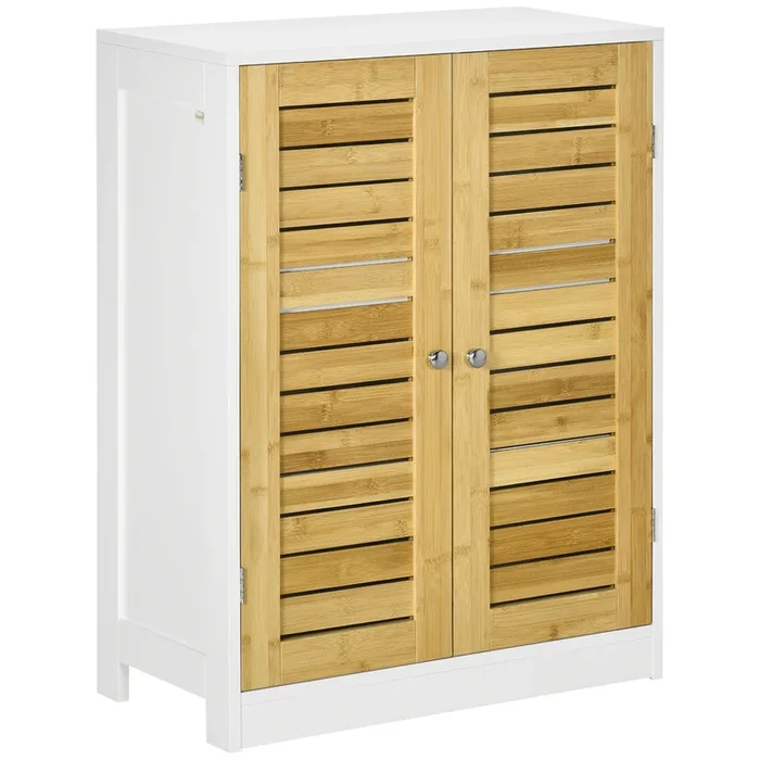 kleankin Armario Auxiliar de Baño Mueble Auxiliar de Baño con Puertas de Bambú y Estante Ajustable para Ducha Dormitorio Aseo 60x30x80 cm Blanco y Natural