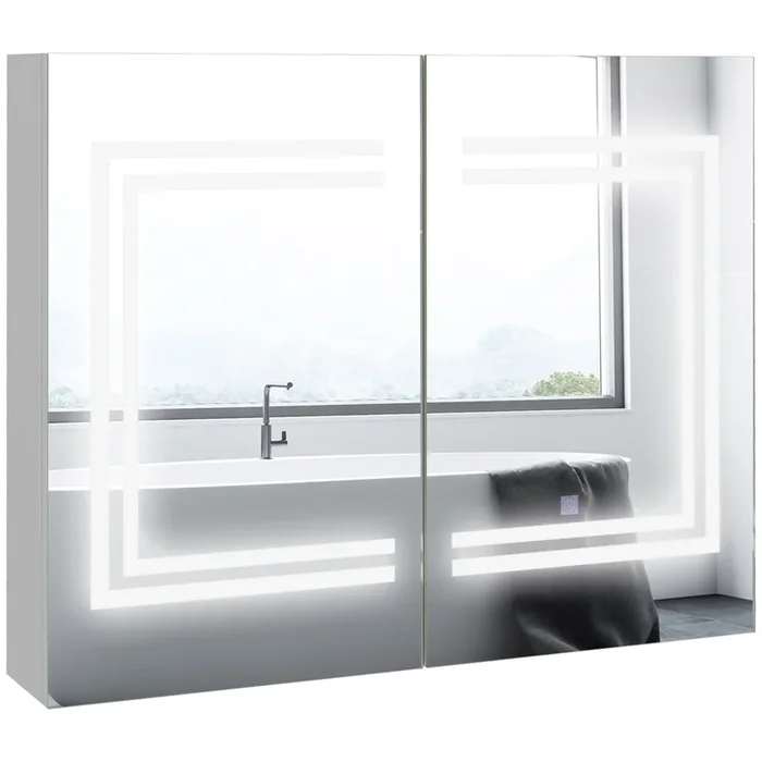 kleankin Armario de Baño con Espejo y Luz LED Mueble de Baño Colgante con 2 Puertas Estantes Ajustables Interruptor Táctil y Color de Luz Ajustable 80x15x65 cm Blanco Brillante