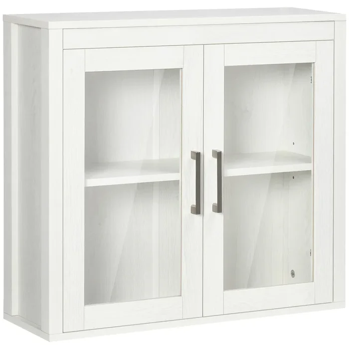 kleankin Armario de Baño de Pared con 2 Puertas de Vidrio y Estante Ajustable Mueble Colgante de Baño para Cocina Dormitorio Aseo Estilo Moderno 60×19,5×54 cm Blanco
