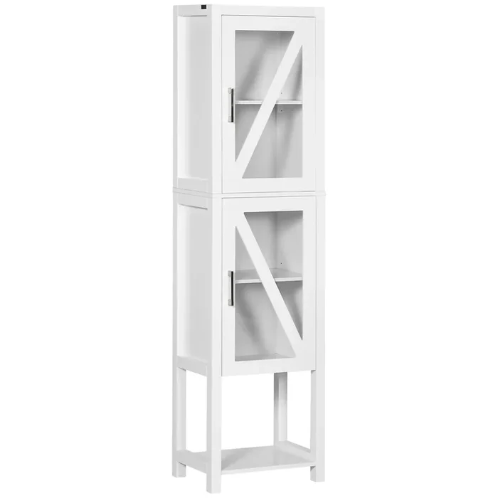 kleankin Columna Auxiliar de Baño Armario Alto de Baño Estantería para Baño con 2 Puertas de Vidrio Estantes Ajustables y Estante de Almacenamiento 45x30x170 cm Blanco