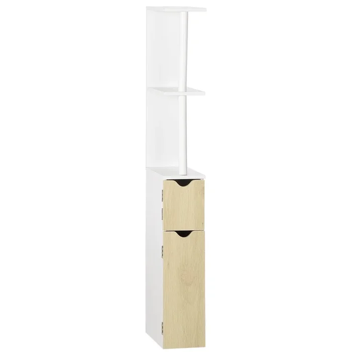 kleankin Columna de Baño Mueble de Baño con Puertas y Estantes Abiertos Armario de Baño Estilo Moderno 15,2×29,8×118 cm Blanco y Natural