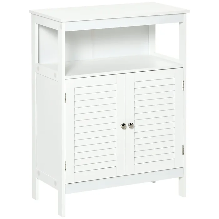 kleankin Mueble Auxiliar de Baño Armario para Baño con 2 Puertas de Persianas Estante Abierto Gran Espacio de Almacenamiento Diseño Moderno 60x30x81,6 cm Blanco