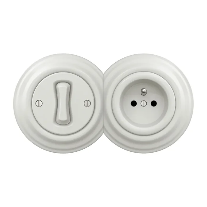Kliklap – Interruptor unipolar Retro n.º 1 y enchufe 230 V con marco blanco