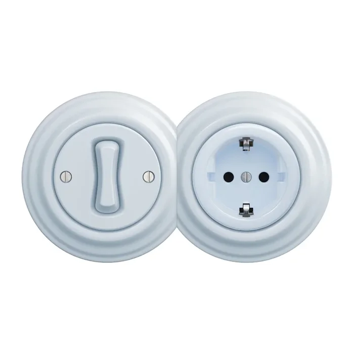 Kliklap – Interruptor unipolar retro n.º 1 y toma de corriente SCHUKO 230 V con marco azul